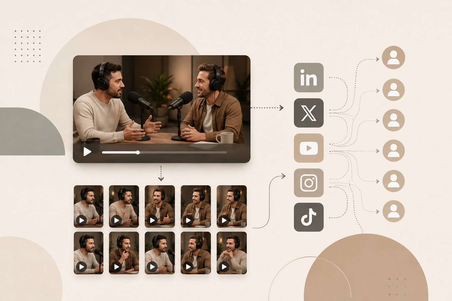 One podcast episode split into short clips and distributed across LinkedIn, X, YouTube, Instagram and TikTok to multiple accounts
