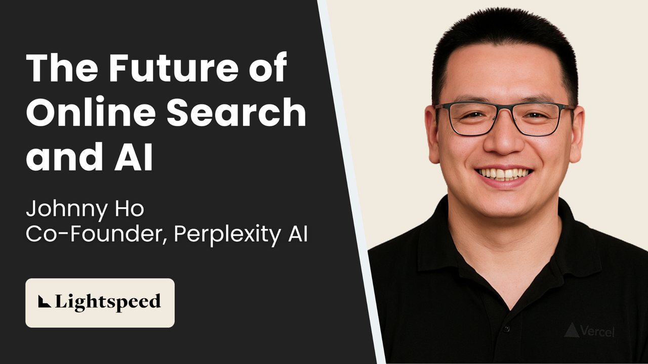 A podcast thumbnail: The Future of Online Search and AI, with Johnny Ho, Co-Founder of Perplexity AI