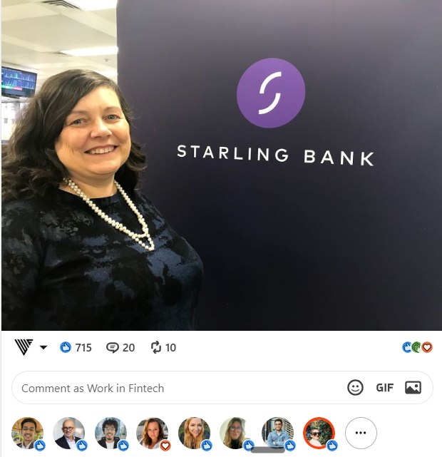 A ghostwritten Work in Fintech post on Starling Bank: around 80,000 impressions, 715 reactions, 20 comments, 10 reposts