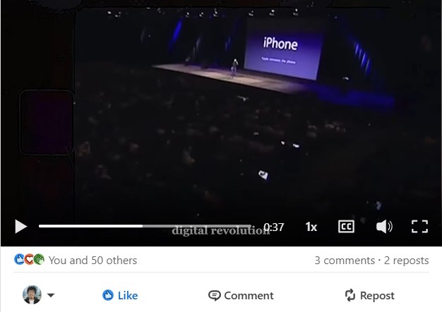 Another promotional cut, opening on a moment rather than an announcement: 50 reactions, 3 comments, 2 reposts