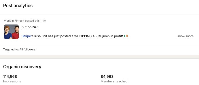 Post analytics for a single Work in Fintech post about Stripe: 114,568 impressions and 84,963 members reached