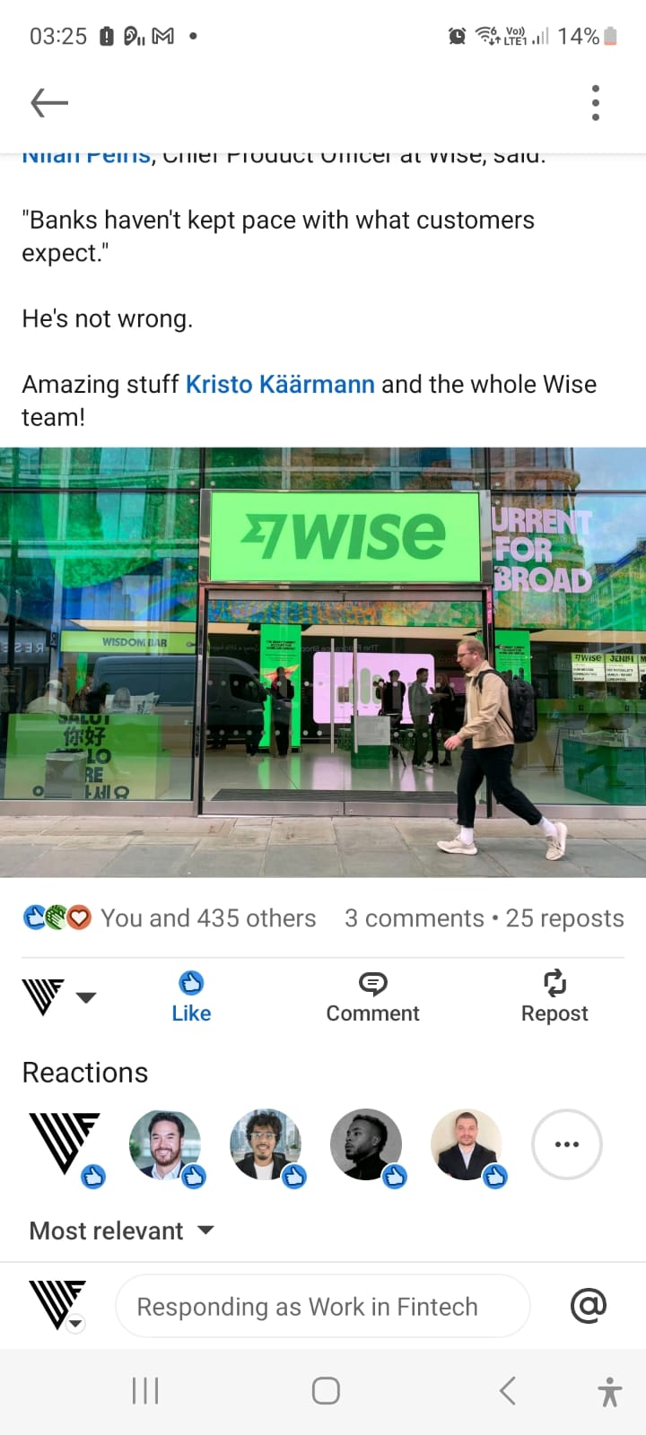LinkedIn post about Wise, 435 reactions, 25 reposts